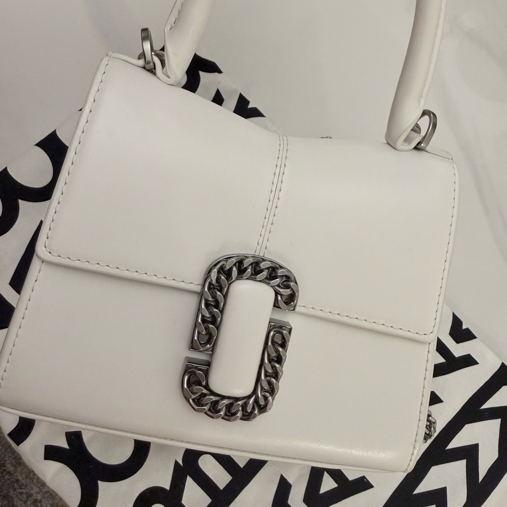 White Leather Chain-Accent Top Handle Bag